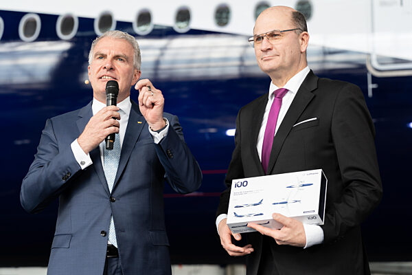100 Years Anniversary Of Lufthansa Group At Flughafen München. Carsten Spohr (Lufthansa, Executive Board, Chairman Of The Executive Board) Presents Albert Füracker (CSU, Bavarian State Minister Of Finance And For Homeland) A Model Aircraft Of Airbus A350