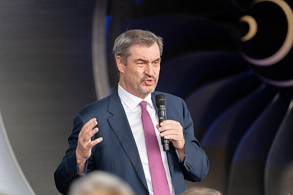 100 Years Anniversary Of The Lufthansa Group At Flughafen München. Speech/remarks By Dr. Markus Söder (Minister-President Bayern, CSU) In Front Of An Aircraft Of The Type AIRBUS A350-900