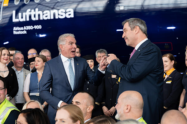 100 Years Anniversary Of The Lufthansa Group At Flughafen München. Dr. Markus Söder (Minister-President Bayern, CSU) And Carsten Spohr (Lufthansa, Board, CEO) Point At Each Other With Their Index Fingers After A Joke