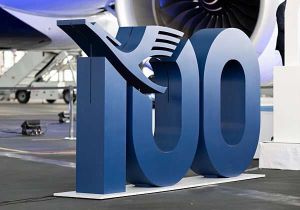100th Anniversary Of The Lufthansa Group At Flughafen München. 100-year Lufthansa Wordmark With Logo, Company Logo