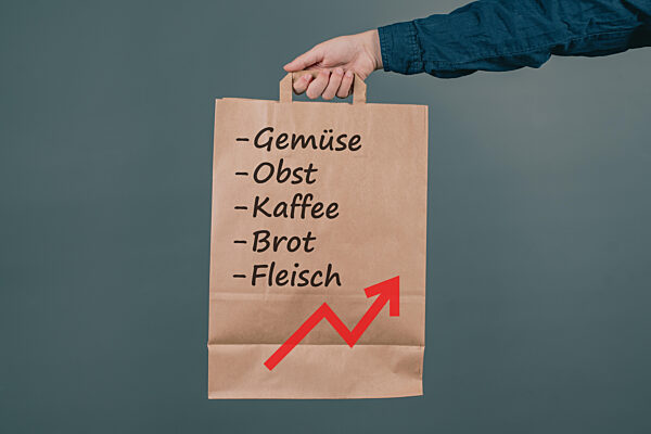 Einkaufsliste in deutscher Sprache, Einkauf von Gemüse, Obst, Kaffee und Fleisch, teure Lebensmittel, Inflation und Rezession, Energiekrise, Steuererhöhung