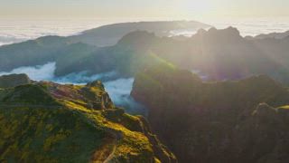 Luftaufnahme am Pico do Arieiro von Bergen über Wolken mit blühenden Cytisus Sträuchern bei Sonnenuntergang mit Sonnenbrand. Insel Madeira, Portugal. Drücke rein, Dolly, Approach