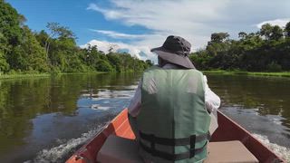 Eine ruhige Schönheit des peruanischen Amazonas, während ein einsamer Reisender auf einem gewundenen Fluss navigiert, der von üppigem Dschungel und einer lebendigen Tierwelt umgeben ist und ein einzigartiges Abenteuer bietet