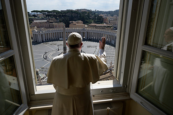 March 15, 2020 : Pope Francis delivers his blessing from his studio window overlooking St. Peter's Square at the Vatican