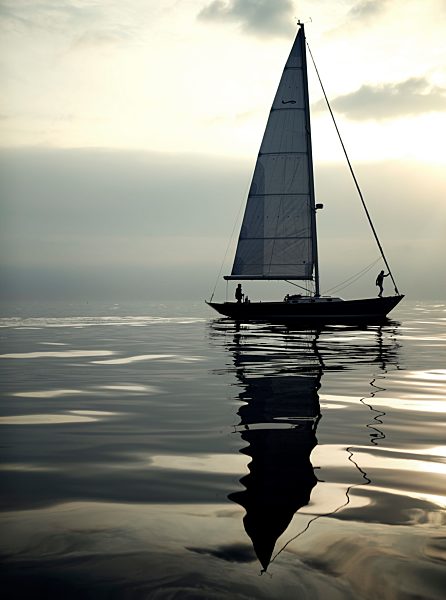 View of sailing boat on the ocean, calm sea.