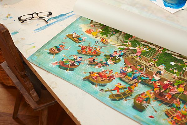 Entwurf eines Wimmelbildes Piratenüberfall von Ali Mitgutsch