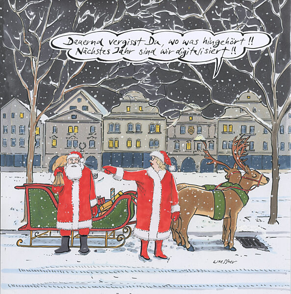 Weihnachtsmann und Weihnachtsfrau verteilen Geschenke