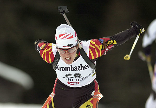 Uschi Disl , Aktion , Langlauf ,  Biathlon Welt Cup in Antholz / Italien /...
