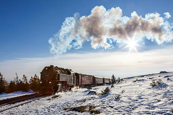 Dampfzug der Brockenbahn Eisenbahn Bahn Dampfeisenbahn auf dem Brocken in Deutschland