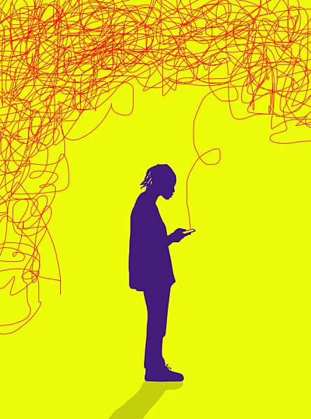 Teenage girl with long tangled message from smartphone