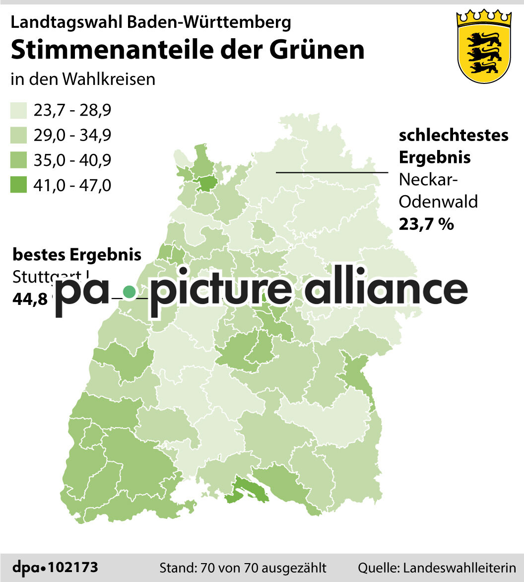 Baden-Württemberg: Stimmenanteile der Grünen (15.03.2021)