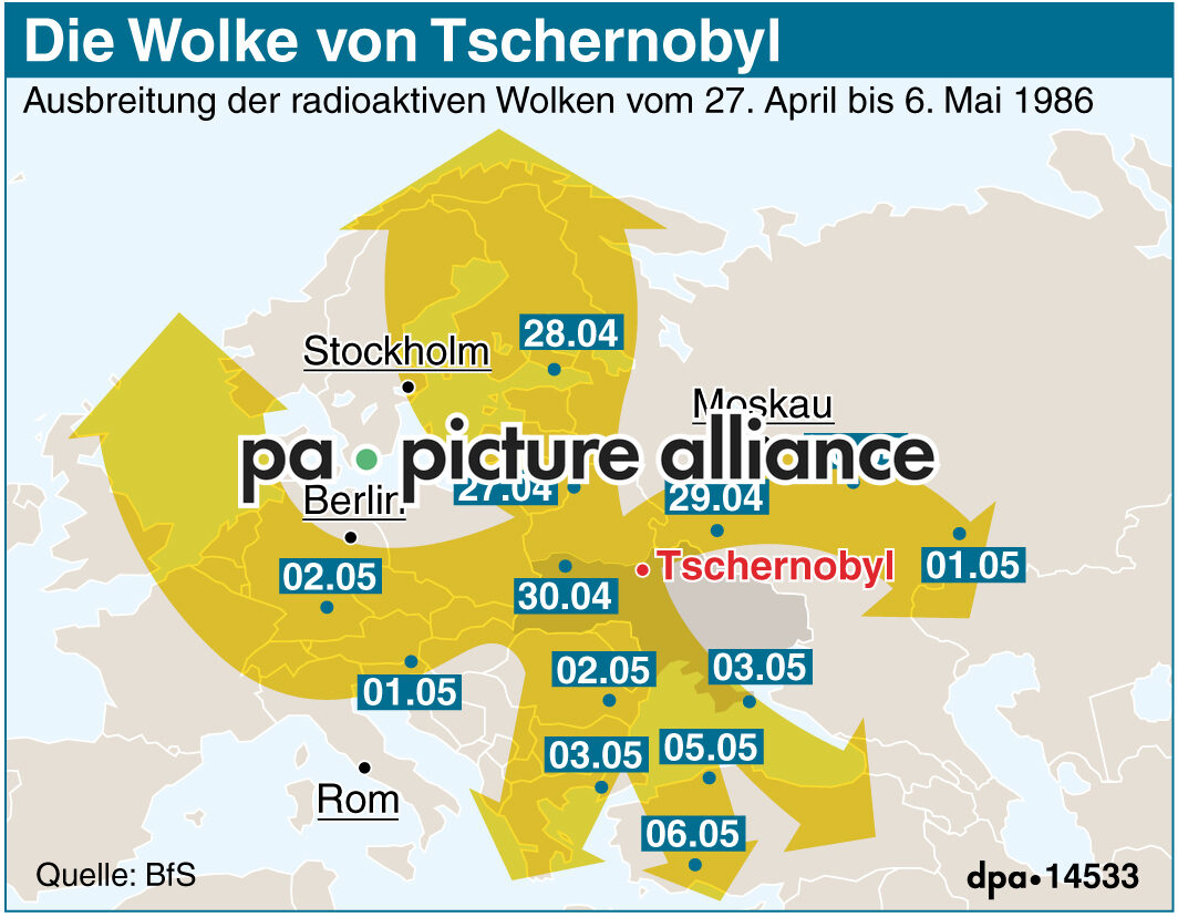Karte: Ausbreitung des radioaktiven Wolken 1986 (20.04.2011)