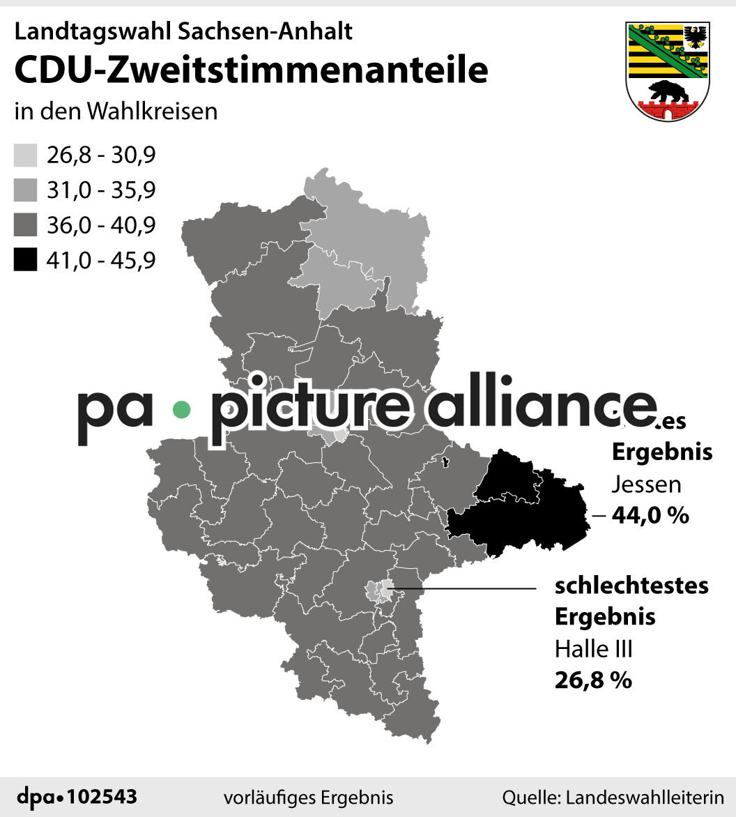 Landtagswahlen in Sachsen-Anhalt: CDU-Zweitstimmenanteile (07.06.2021)