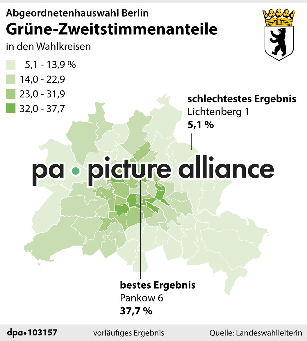 Abgeordnetenhauswahl Berlin: Grüne-Zweitstimmenanteile (27.09.2021)