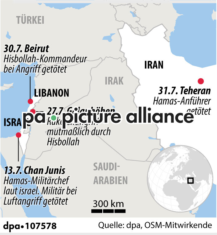 Karte Nahost: Angriffe Golanhöhen, Beirut, Teheran, Gazastreifen (01.08.2024)