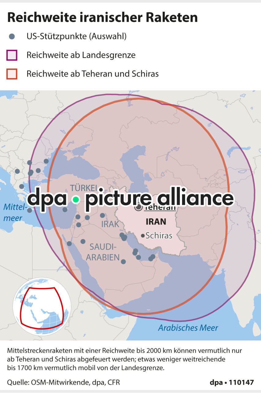 Reichweite iranischer Raketen (01.03.2026)