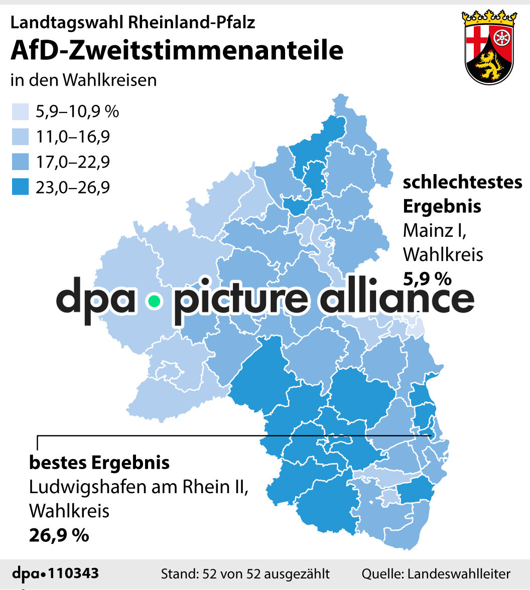 AfD: Parteihochburgen bei Landtagswahl Rheinland-Pfalz (23.03.2026)