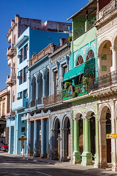 Colorful buildings with arch facade of colonial architecture buildings and...