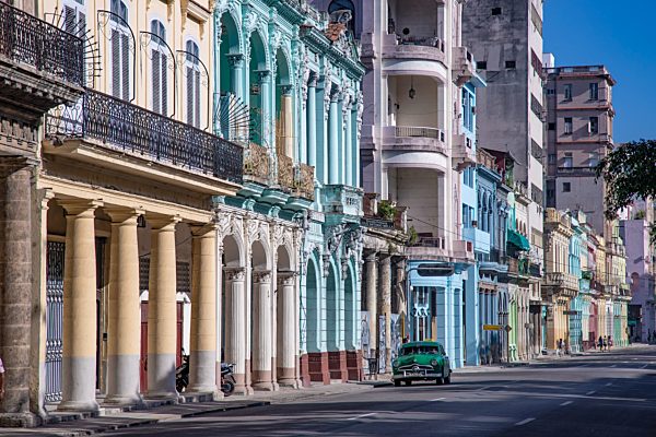 Colorful buildings with arch facade of colonial architecture buildings and...