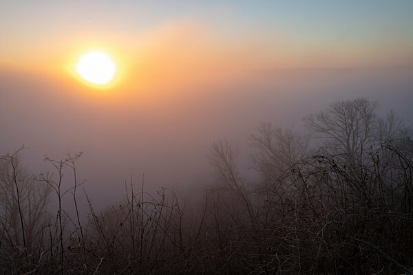 Foggy Sunrise Over The Ohio River In Cincinnati, Ohio, USA