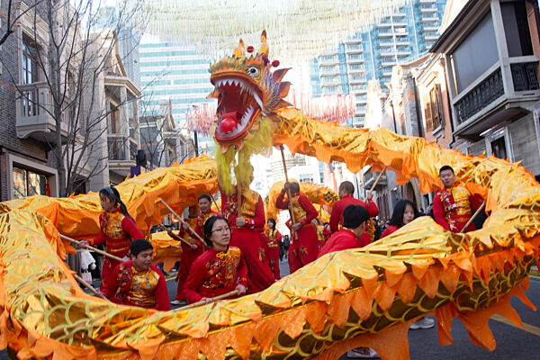 Lion Dance And Dragon Perform At Zhangyuan In Shanghai