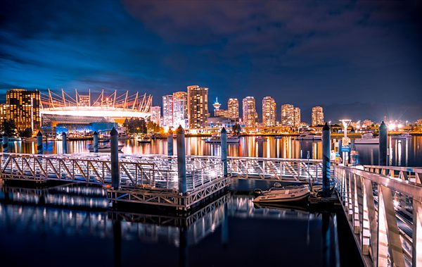 View of False Creek and Vancouver skyline, BC Place and Lookout Tower, Vancouver, British Columbia, Canada, North America