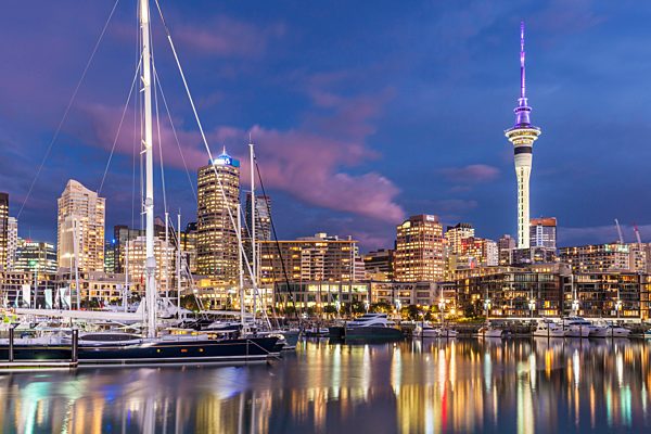 Viaduct harbour waterfront area and Auckland Marina at night, Auckland skyline, sky tower, Auckland, North Island, New Zealand