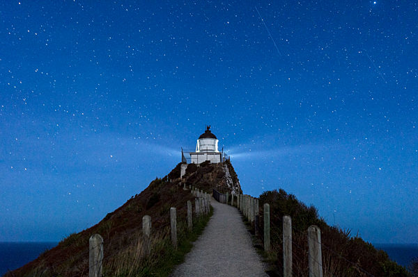 8206 Nugget Point lighthouse under star filled sky, Kaka Point, New Zealand