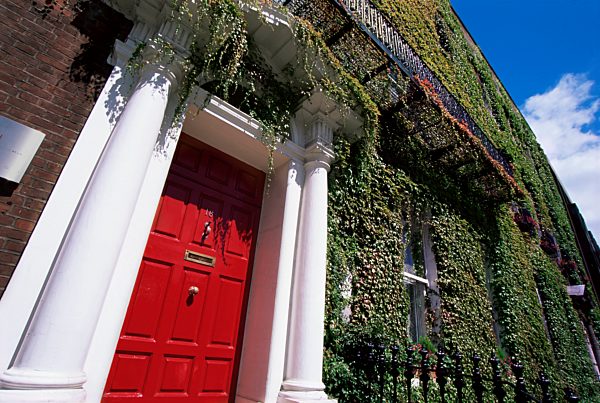 Red door and ivy covered building, St. Stephens Green, Dublin, Eire (Republic of Ireland), Europe
