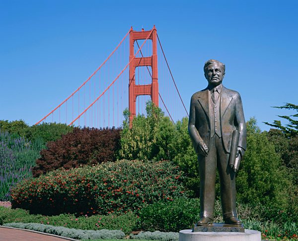 Statue of Joseph B Strauss who built the Golden Gate Bridge, with bridge in the background, San Francisco, California, United States of America, North America