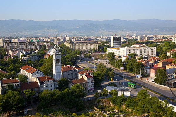 Bulgaria, Plovdiv, Eastern Plovdiv viewed from Nebet Tepe, Prayer Hill, Archaeological Complex, the City's highest point.