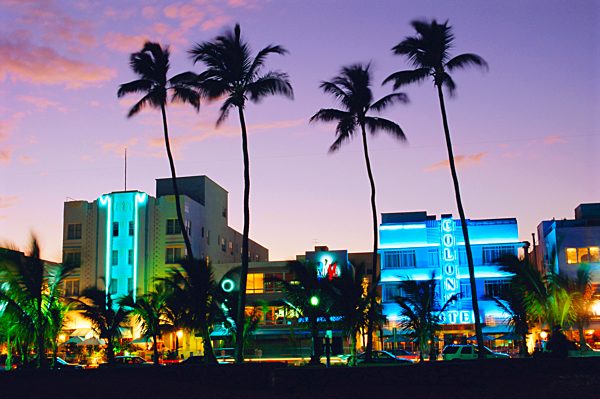 Ocean Drive sunset, South Beach, Miami Beach, Florida, USA