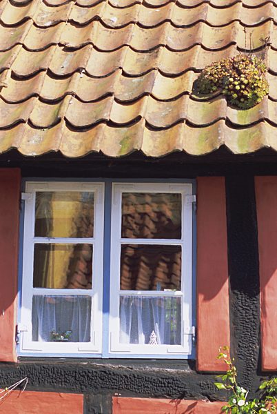 Detail of window in a colourful house, Aeroskobing, island of Aero, Denmark, Scandinavia, Europe