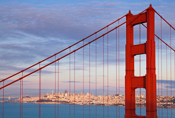 San Francisco - The Golden Gate Bridge, linking the city with Marin County, taken from the Marin Headlands at sunset with the city in the background, Marin County, City of San Francisco, California, United States of America, USA