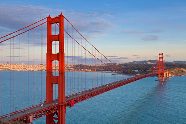 San Francisco - The Golden Gate Bridge, linking the city with Marin County, taken from the Marin Headlands at sunset with the city in the background, Marin County, City of San Francisco, California, United States of America, USA