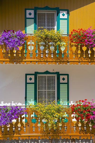 Balconies and flowers, Pozza di Fassa, Fassa Valley, Trento Province, Trentino-Alto Adige/South Tyrol, Italian Dolomites, Italy, Europe