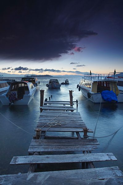 Pier on Isla del Sol (Island of the Sun) at dawn, Lake Titicaca, Bolivia, South America