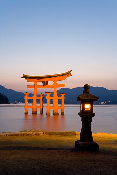 Asia, Japan, Honshu Island, Hiroshima, Miyajima (Itsuku-shima), The famous vermillion coloured 'floating' torii gate