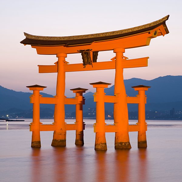 Asia, Japan, Honshu Island, Hiroshima, Miyajima (Itsuku-shima), The famous vermillion coloured 'floating' torii gate