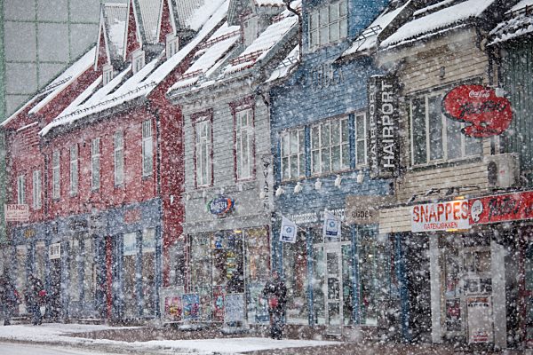 Shop fronts and street scene in the city of Tromso, in the Arctic Circle in Northern Norway