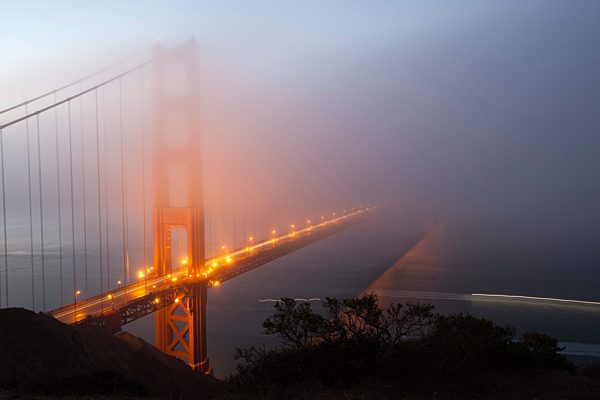 Golden Gate Bridge in dawn fog, San Francisco, California, United States of America, North America