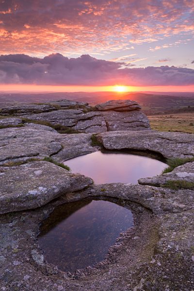 Kestor Rock at sunrise, Dartmoor National Park, Devon, England. Autumn (September) 2015.