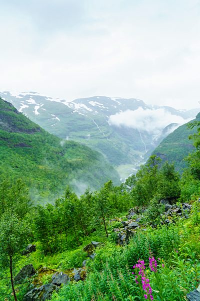 Waterfalls and mountain valleys viewed from Vatnahalsen, reached by the Flam Railway, Flamsbana. Flam, Norway