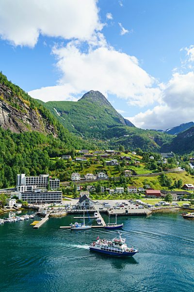 The village of Geiranger is an improtant cruise ship port at the head of Geirangerfjord, Norway. A UNESCO World Heritage Site