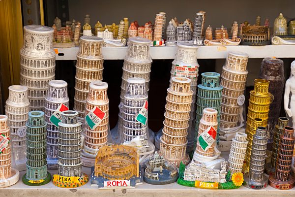 Souvenirs of the Leaning Tower of Pisa, Torre Pendente and of Roma, Pisa, Tuscany, Italy, Europe.