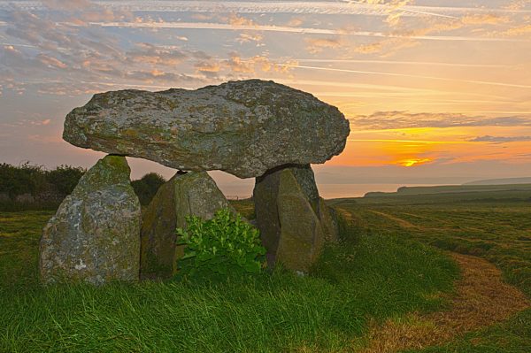 Carreg Samson Dolmen at sunrise, Abercastle, Pembrokeshire, Wales, UK.