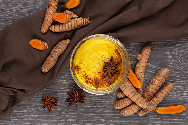 Traditional indian drink turmeric latte or golden milk.