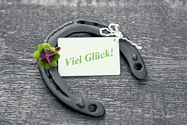 Horseshoe with lucky clover on a wooden background