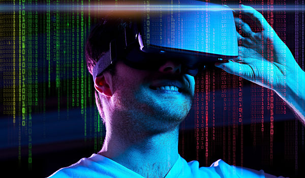 man in vr glasses over neon lights and binary code