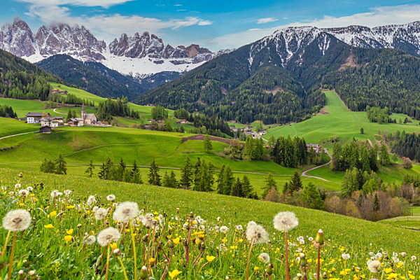 Dolomites Alp mountain landscape at Santa Maddalena village in spring season, St. Magdalena Italy